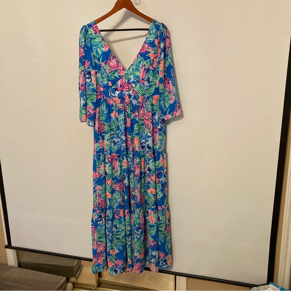 Lilly Pulitzer Blue Tropical Floral V-Neck Maxi Dress with Pink & Green Accents